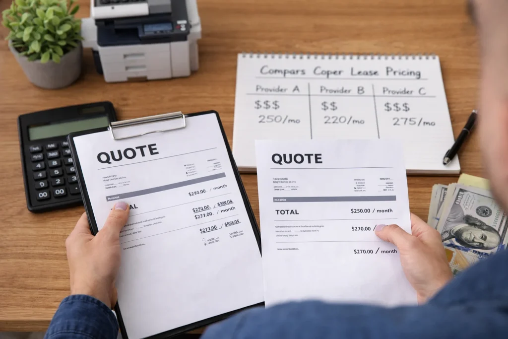 Close-up of an office manager at 407 Washington Street reviewing copier lease pricing quote papers and cash for office equipment.