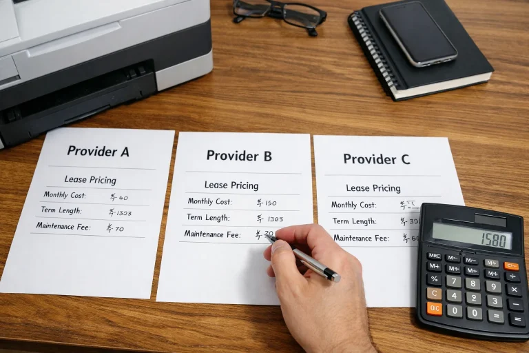 A professional at a desk in Boston comparing copier lease pricing quotes from three different providers including monthly costs and maintenance fees.